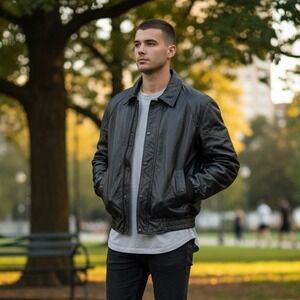 Vintage Vilanto Authentic Leatherwear Black Bomber Jacket Mens Size‎ L NEW